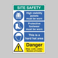 Hi Vis - Footwear - Hard Hat - Stop, Look, Listen - Multi-Message Site Safety Board - TESTTTTT!!!!! Hi Vis - Footwear - Hard Hat - Stop, Look, Listen - Multi-Message Site Safety Board - TESTTTTT!!!!!