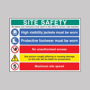 Site Safety - Report to Office - Hi Vis - Footwear - No Access - Liable for Prosecution - 5mph - Multi-Message Site Safety Board - TESTTTTT!!!!! Site Safety - Report to Office - Hi Vis - Footwear - No Access - Liable for Prosecution - 5mph - Multi-Message Site Safety Board - TESTTTTT!!!!!